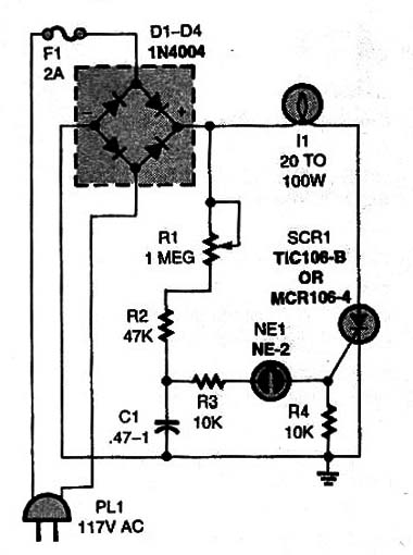 The Stroboscopic Lamp-comprised of four 1-amp 400-PIV rectifier diodes (D1-D4), four resistors (three fixed and one variable), a capacitor (C1), an incandescent lam (L1), ans an SCR is designed to produce short light pulses.
