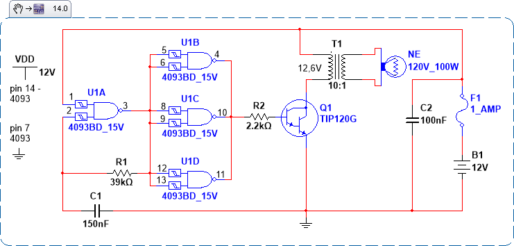 The Schmitt trigger portion of the Fluorescent-Light Inverter is nearly identical to that used in the previous circuit. In this case, the output of the oscillator is used to drive a Darlington transistor, which in turn is used to pulse the DC current across T1, setting up a fluctuating magnetic field. That rising and collapsing field induces a magnified copy of the primary current in the transformer´s secondary, which I sused to drive the fluorescent tube.
