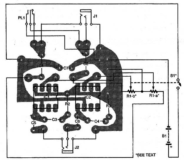 Assemble the sound partner´s printed-circuit board guide by this parts-placement diagram. Note that with the exception of the input and output jacks, the battery with is holder, and the VOLUME control (R1), all of the componentes mount to the printed-circuit board.
