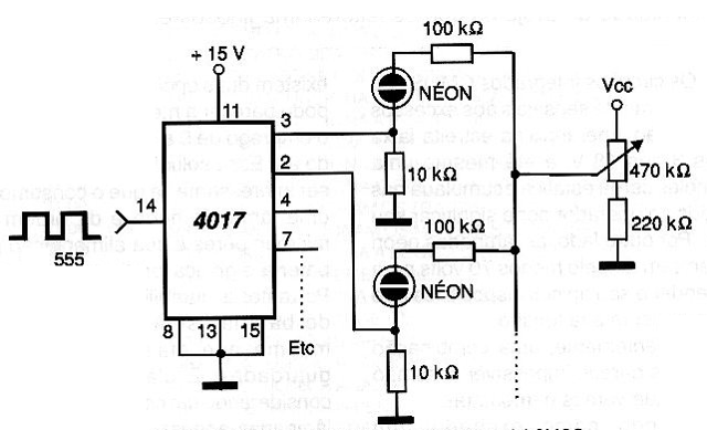 Driving neon lamps by a 4017 CMOS
