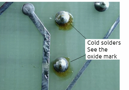 Figure 6 – Cold solder (insufficient soldering iron temperature or dirty board)
Figure 6 – Cold solder (insufficient soldering iron temperature or dirty board)